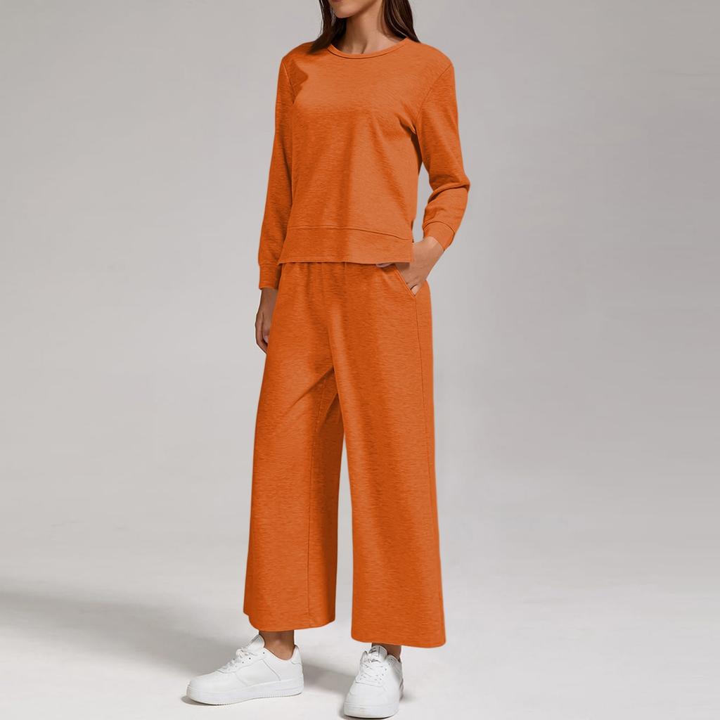 Women's Casual Round Neck Loose Fit Sweatshirt and Joggers Set with Split Hem