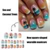 24 Pcs Sea and Coconut Tree Stick on Nail Summer Artificial Nail Short Square False Nail Glossy Press On Nail for Woman