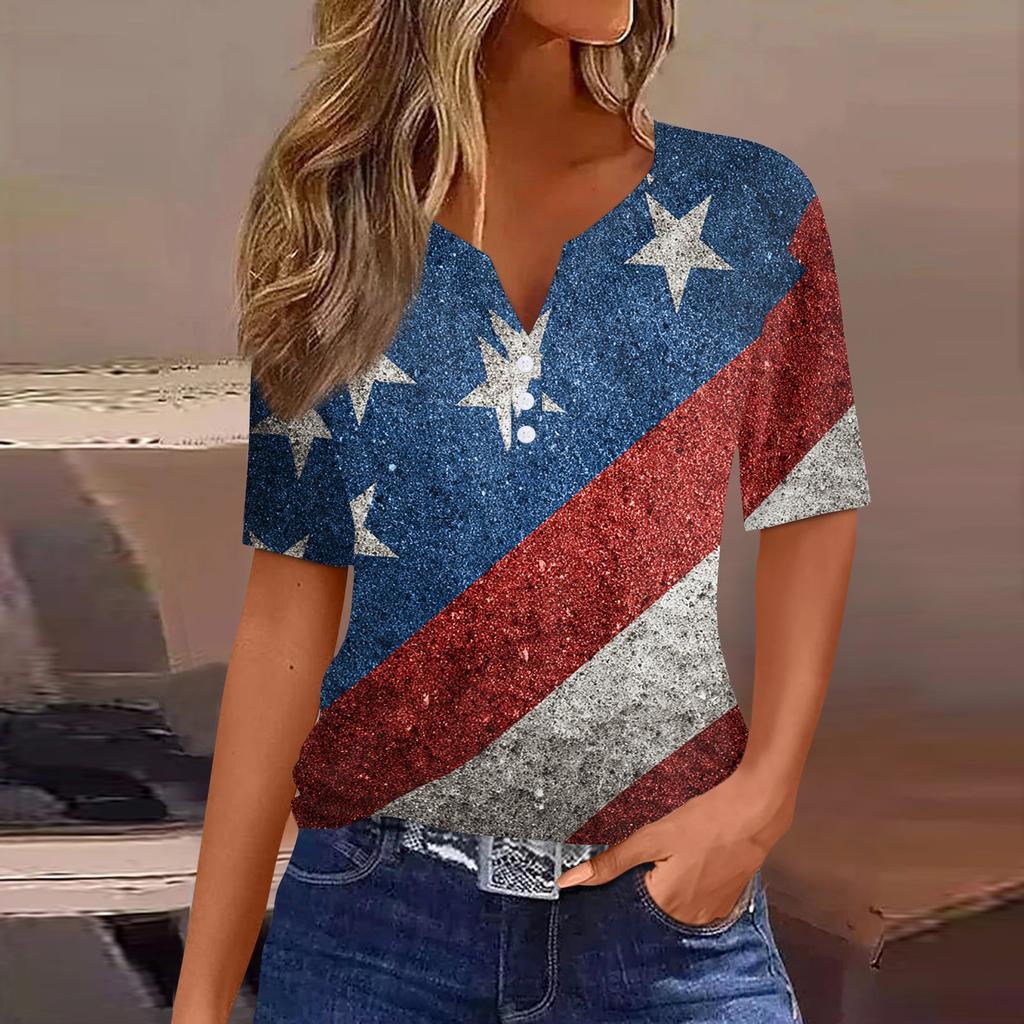 Women's T Shirt Independence Day Print Button Short Sleeve Daily Weekend Fashion Basic V- Neck Regular Top