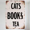 Vintage Rustic Metal Sign with Cats Book & Tea Text - Square Metal Wall Decor for Home Cafe Bar, Rust Weathered Tin Sign with Mo
