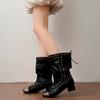 Fashion Vintage Cross Strap Thick Heel Women Motorcycle Boots Fashion Ladies Metal Buckle Pleated Mid Calf Booties