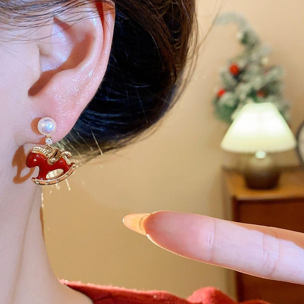 Chinese Horse New Year Pearl Pony Earrings Fashion Jewelry Red Drop Earrings  Lady