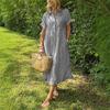 European and American Plus Size Striped Short-Sleeve Cotton Linen Dress for Women – Casual Summer Mid-Length Skirt