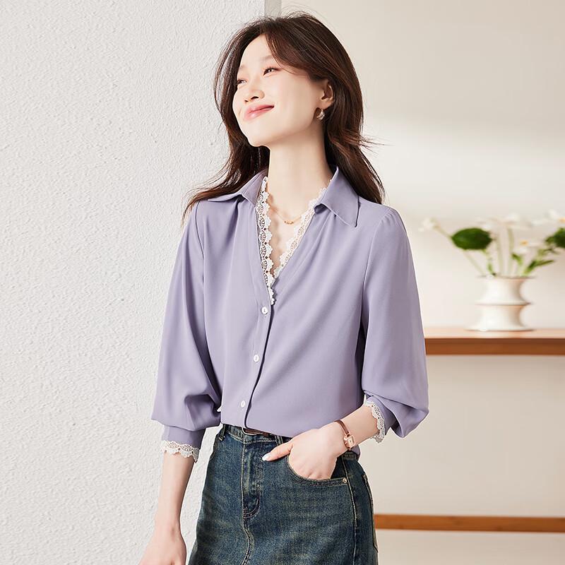 Troloman Women's Lace Trim V-Neck Long Sleeve Blouse