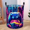 Foldable Playful Design 1pc Gamer Neon Pattern Foldable Circular Hamper - Vibrant Blue & Purple Game Controller