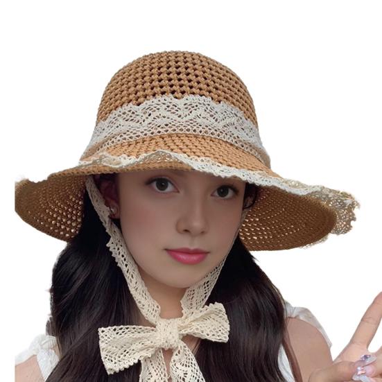 

Sun Hat Windproof Large Brim Lace Trim Non-Slip Handmade Straw Hat with Straps Face Shaping Summer Beach Hat хаки
