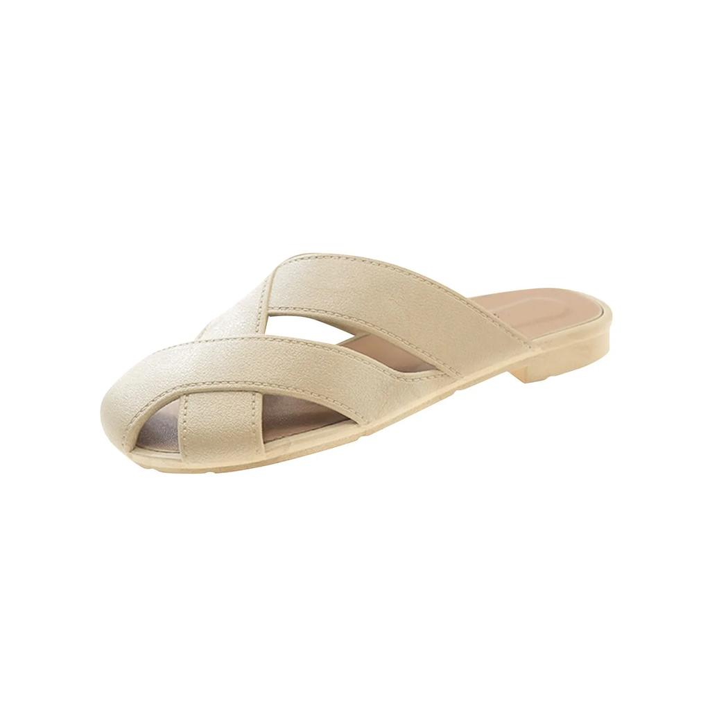 Slippers For Women 2025 Summer Round Toe Shoes Sandbeach Waterproof Pu Beach Sandals Non-slip Baotou Slippery Sandals