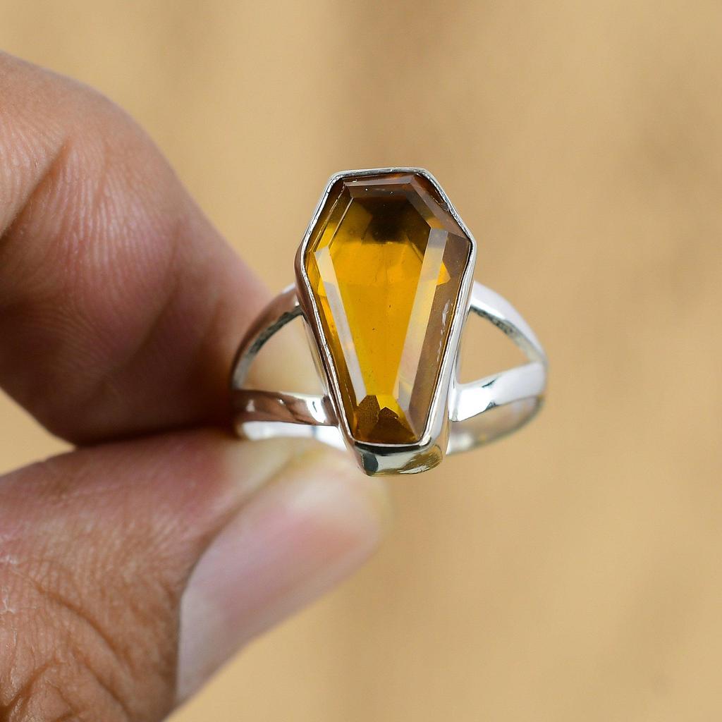 Gift For Women Promise Coffin Ring Size 7.75 925 Silver Natural Citrine Gemstone