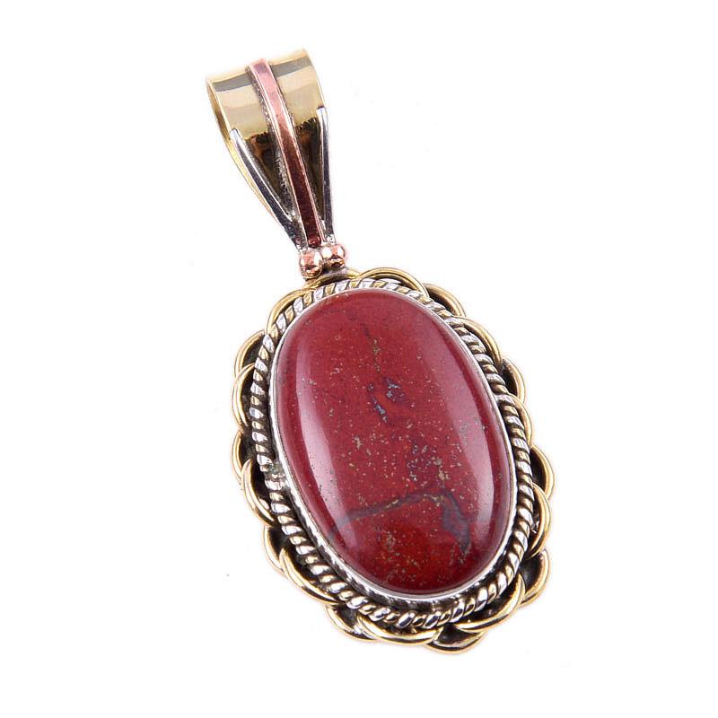 Natural Red Jasper Gemstone 925 Solid Sterling Silver TwoTone Pendant 1.50" I1z63