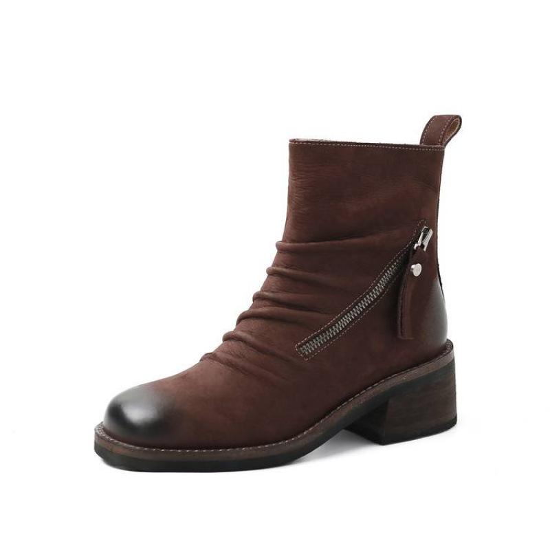 Autumn and winter women's leather boots leather side zipper Martin boots versatile round head comfortable new cowhide thick-soled low boots