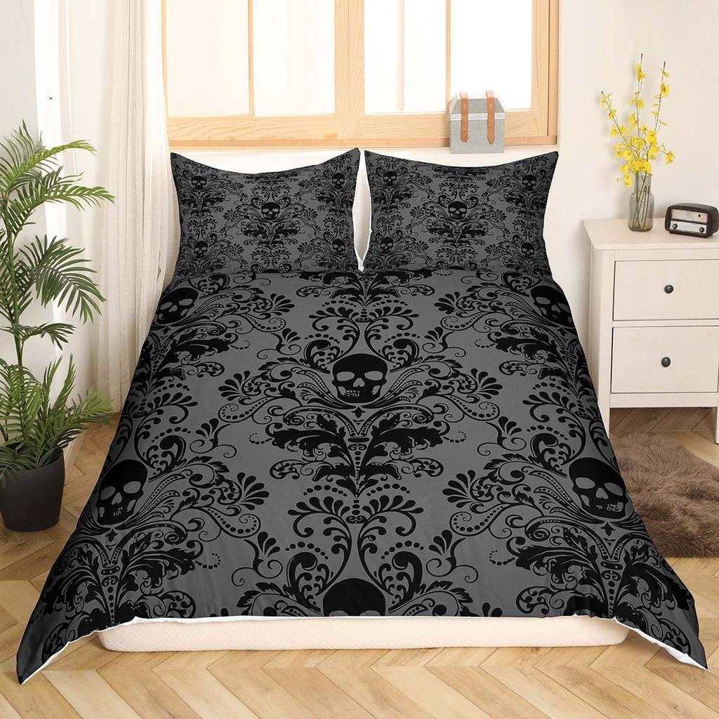 Black Flower Skull Quilt Set Three-Piece High Definition Digital Printing Duvet Set