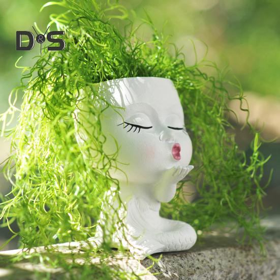 Face Planter Pot with Drainage Hole Resin Kissing Women Head Figurine Flowerpot Indoor Outdoor Plants Container Home Balcony Garden Decoration