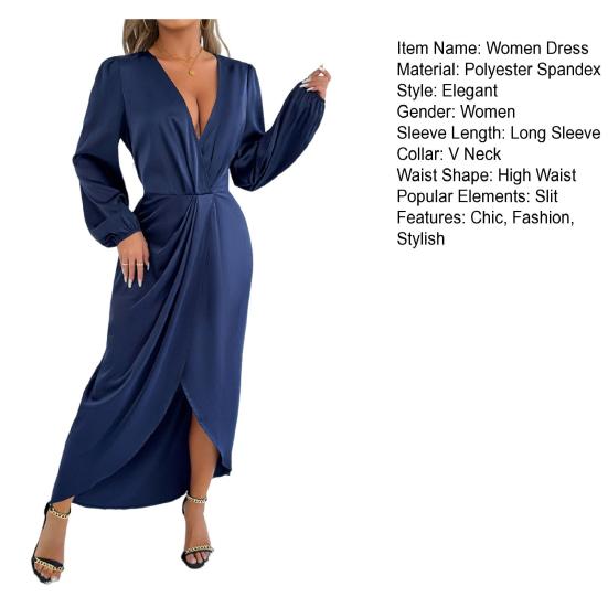 Women's Satin Wrap Long Dress V Neck Long Sleeve Maxi Dress High Slit Party Dress Cocktail Evening Gown