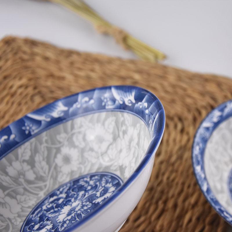 4-Piece 8-Inch Ceramic Noodle Bowls: Underglaze Blue and White Porcelain Conical Soup Bowls, Household Tableware.