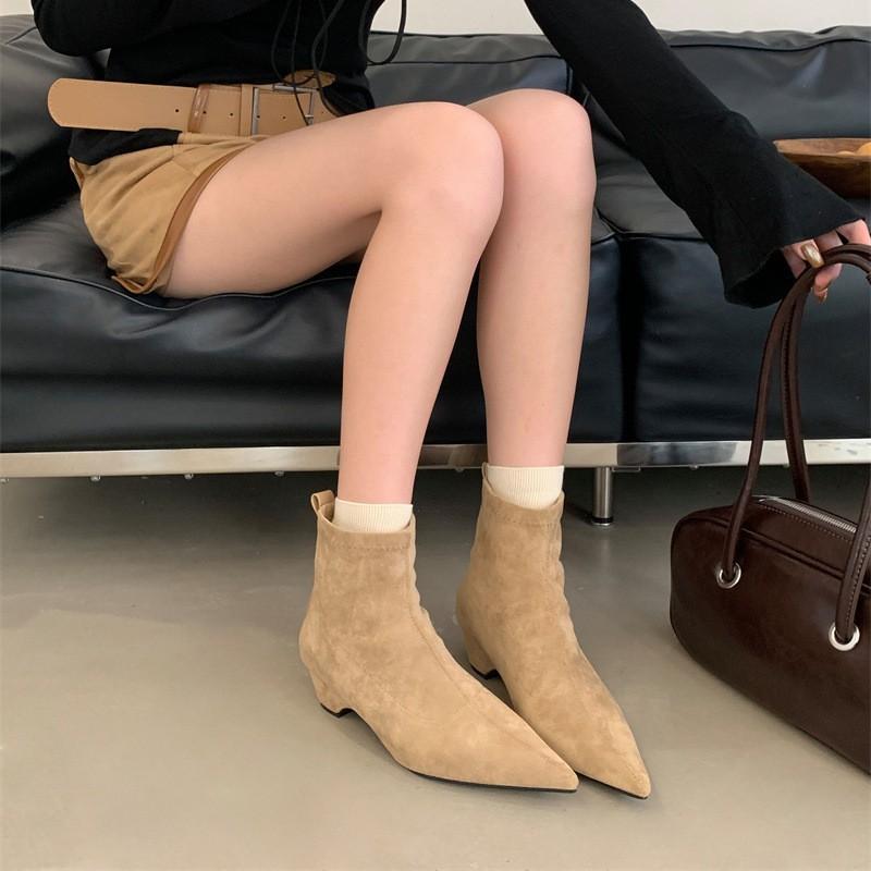 Thick heel French retro pointed short boots women's boots 2025 new autumn and winter thin boots velvet