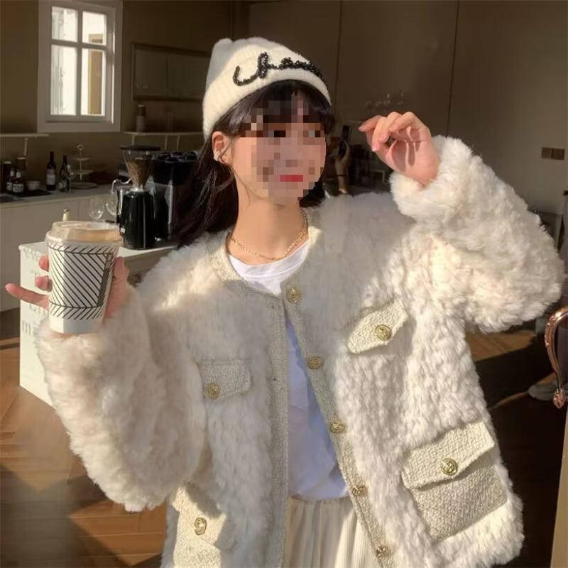 Autumn Winter Loose Casual Patchwork Lamb Fleece Warm Coat Women Quilted Cardigan Jacket Buttons Top