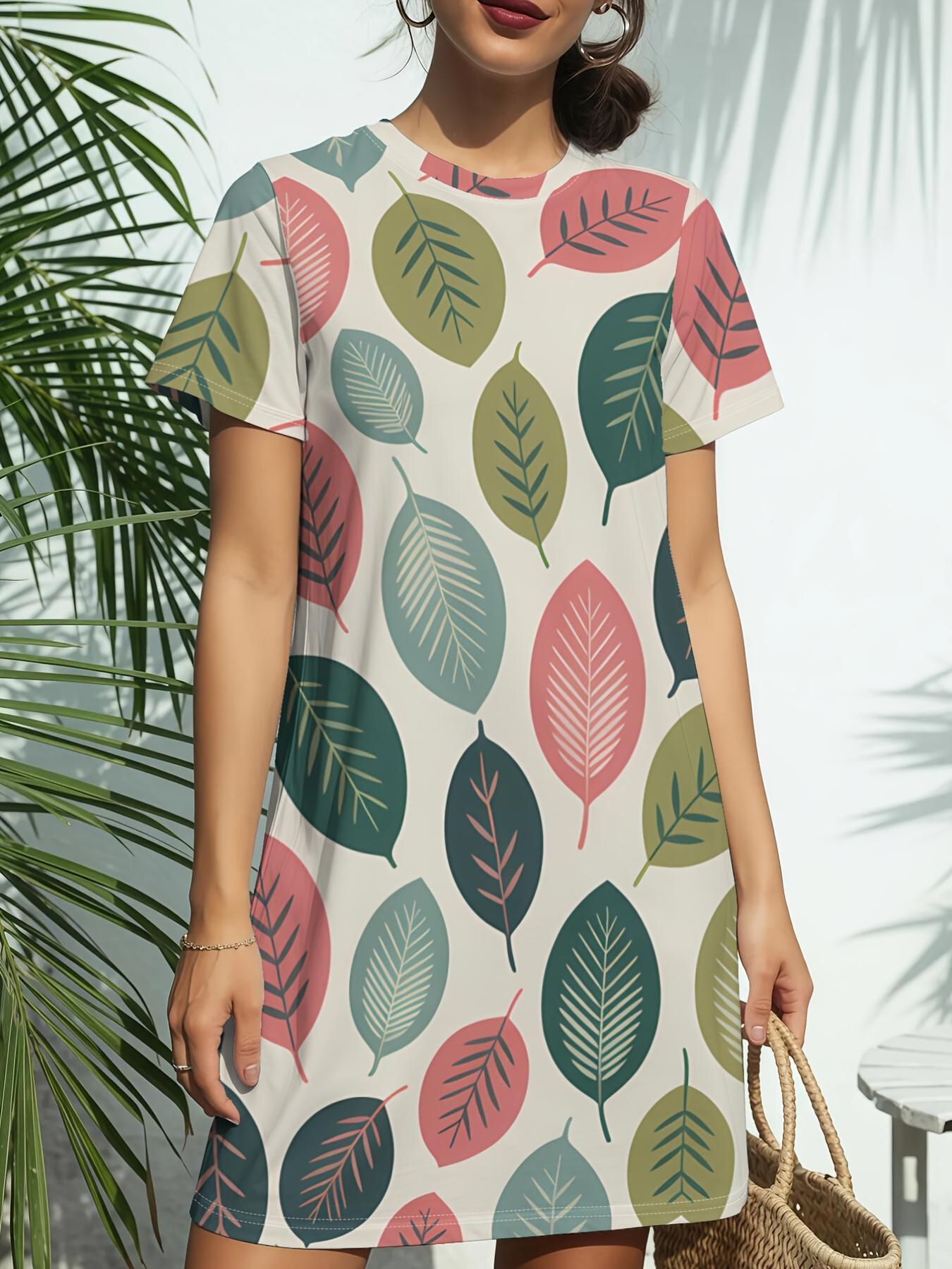 

New Women S Round Neck T-Shirt Dress with Short Sleeves Featuring a Leafy Floral Mix. Embodying American Fashion Trends with Digital Prints for Spring 9XL дубильна кора