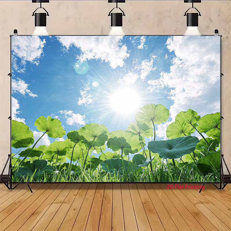2D Fresh Green Lotus Pond Outdoor Natural Scenery Photography Backdrop Decor