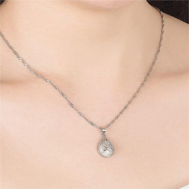 ANENJERY Natural Cat Eye Opal Pendant Necklace for Women New Trendy Charm Necklace Girls Engagement Jewelry