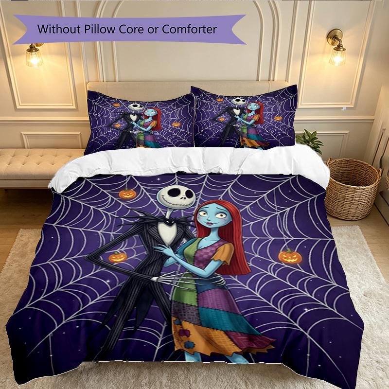 3pcs Halloween Jack Sally Skull Duvet Cover Set for Dorm Room Guest Room Decor, Soft Breathable, Not Comforter Set