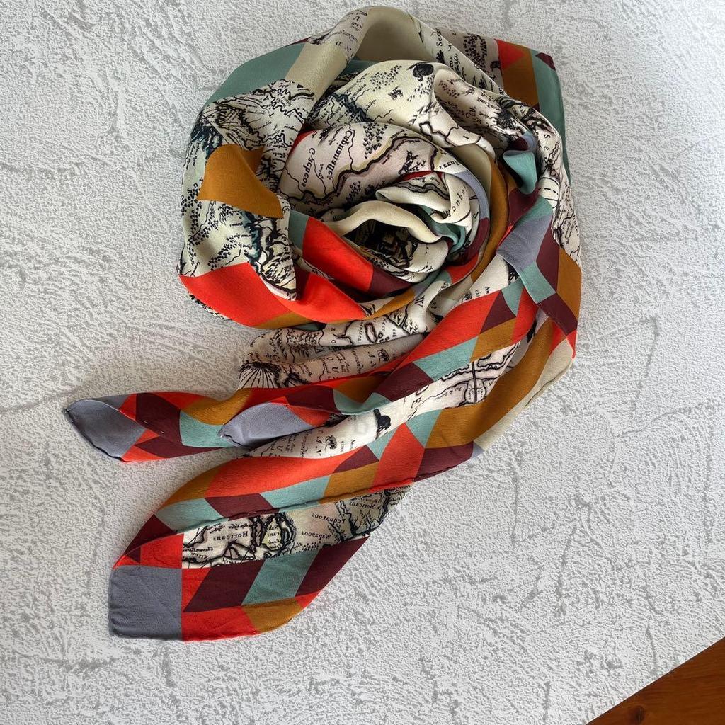 Used Multicolor map pattern silk scarf