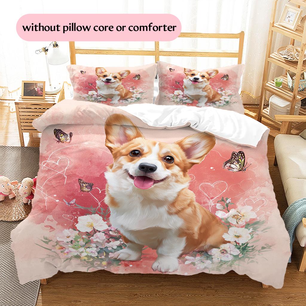 Pink Corgi Pattern Bedding Home Decoration Birthday Gift (1 * duvet cover + 2 * pillowcase, without core)