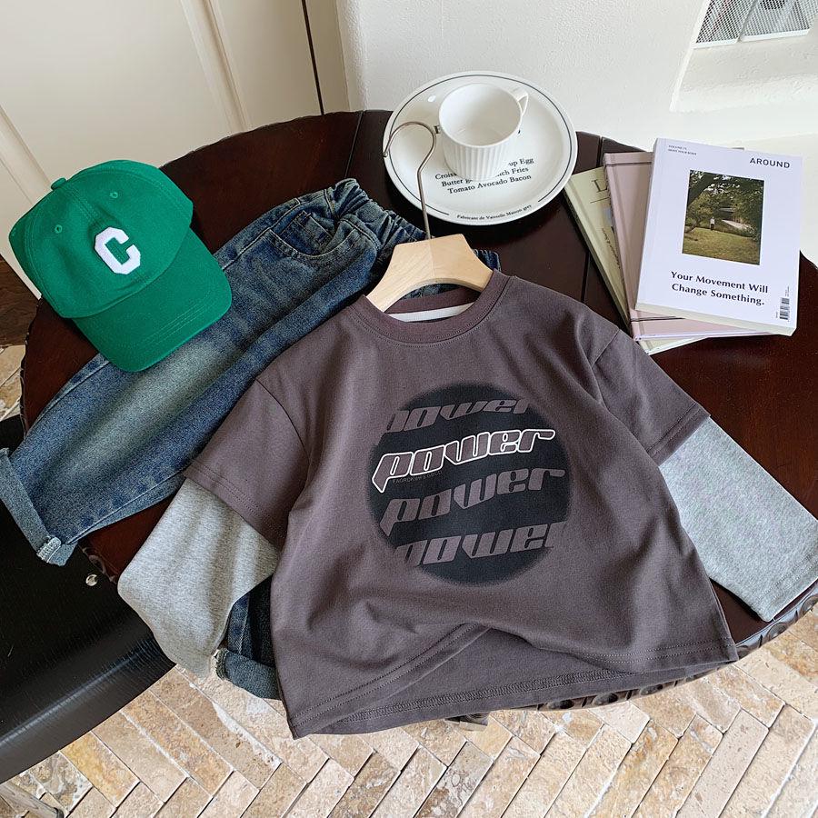 Boys' 2025 Spring New Stylish Two-Piece Look T-Shirt - Korean Letter Print Pullover