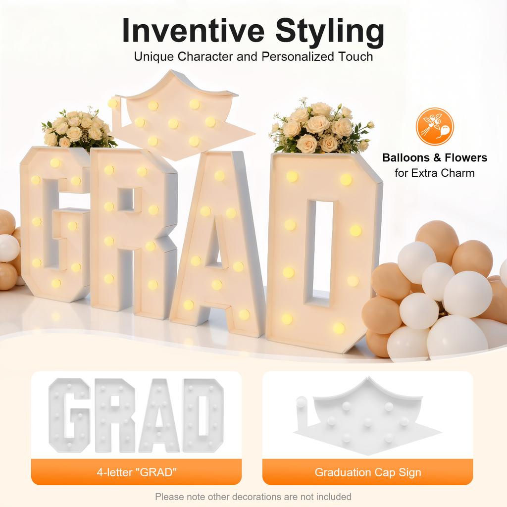 LED GRAD Light Up Letters with Graduation Cap Sign, Foam Board Party Decor for Photo Booth, College Celebration Decoration