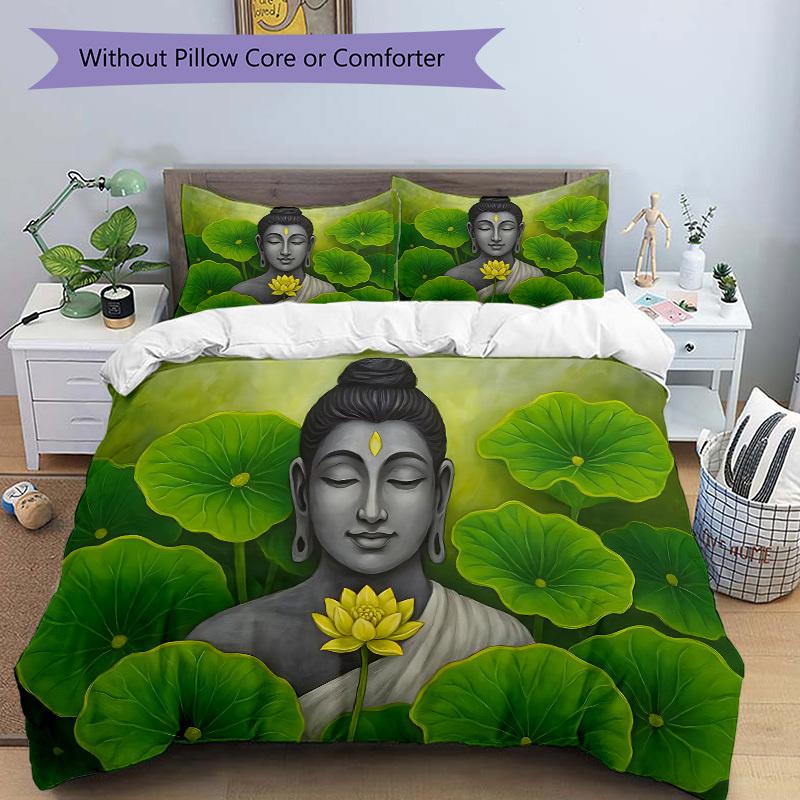 3pcs bedding set Buddha Lotus Includes 1 Comforter + 2 Pillowcases, Without Pillow Inserts, Soft Comfortable, Lightweight Breathable, Printe