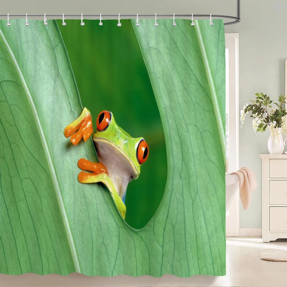 Green Frog Cute Shower Curtain Bathroom Funny Cartoon Waterproof Bath Curtain Polyester Fabric Dafield Bath Screen With 12 Hooks