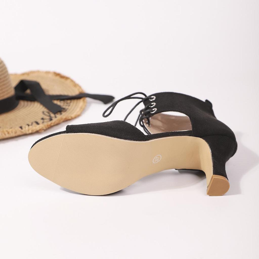 Plus Size Summer Peep Toe Chunky Heel Lace-up Sandals with Back Strap and Jewelry Accents (Size 36-43)