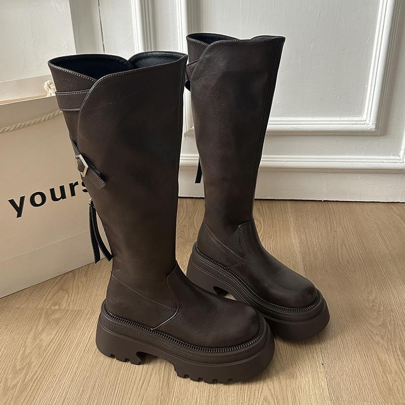 Small thick-legged and thin thick-soled women's boots with belt buckle 2025 autumn and winter retro tall retro knight boots