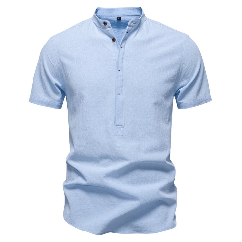 Men's Solid Color Cotton Linen Button Stand Collar Short Sleeve Top Men's Casual Breathable Tops