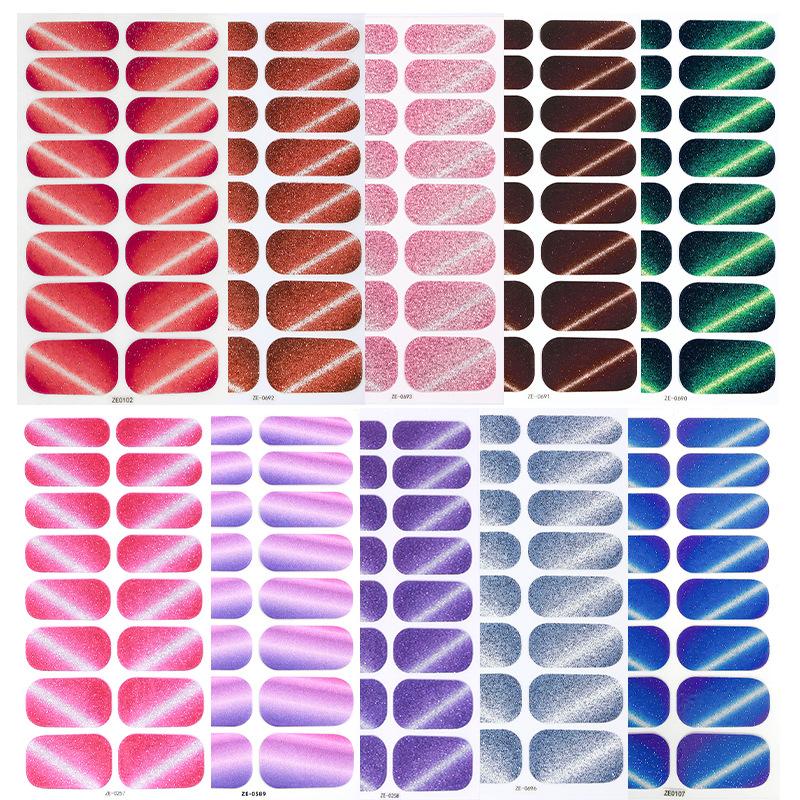 New Glitter Cat Eye Nail Polish Film Nail Stickers, 16-Neck Glitter Diagonal Cat Eye Waterproof Nail Art Stickers