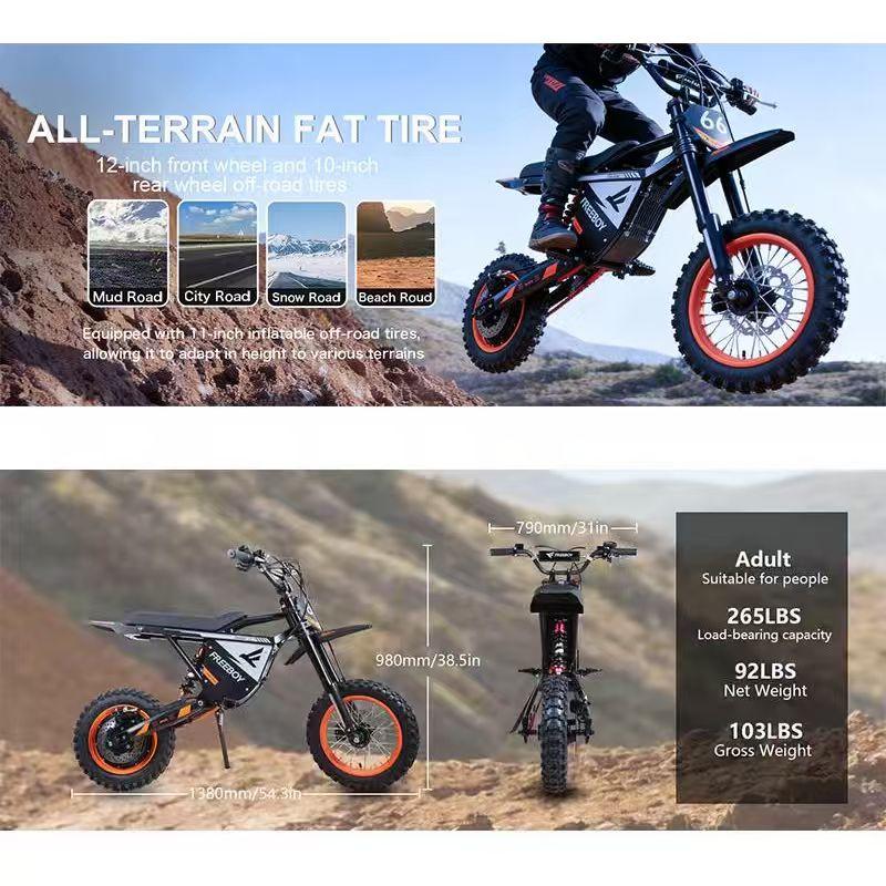 Y66 Off Road Electric Dirt Bike, 1000W Hub Motor 48V30Ah Battery Max 55km/h Hydraulic Brake All Terrain Motorcycle