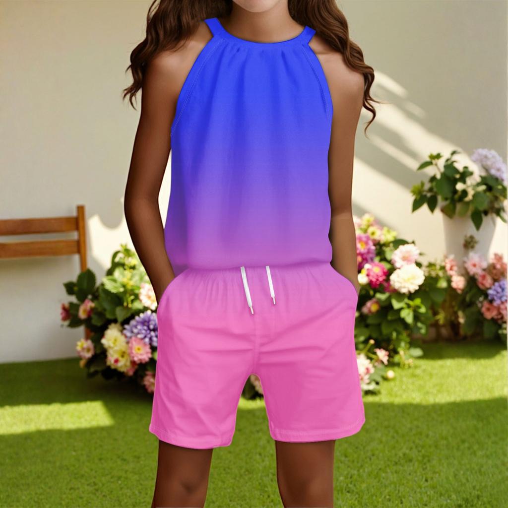 Children's Casual Fashion Round Neck Sleeveless Top Shorts Set
