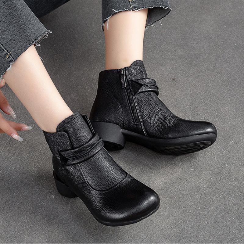 Johnature Retro Solid Color Short Boots Genuine Leather Round Toe Side Zipper Low Heel Casual Women's Shoes