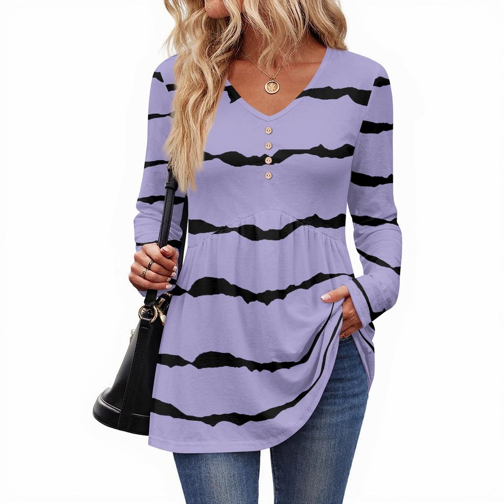Women's Casual Fashion V-Neck Button Striped Long Sleeve Top