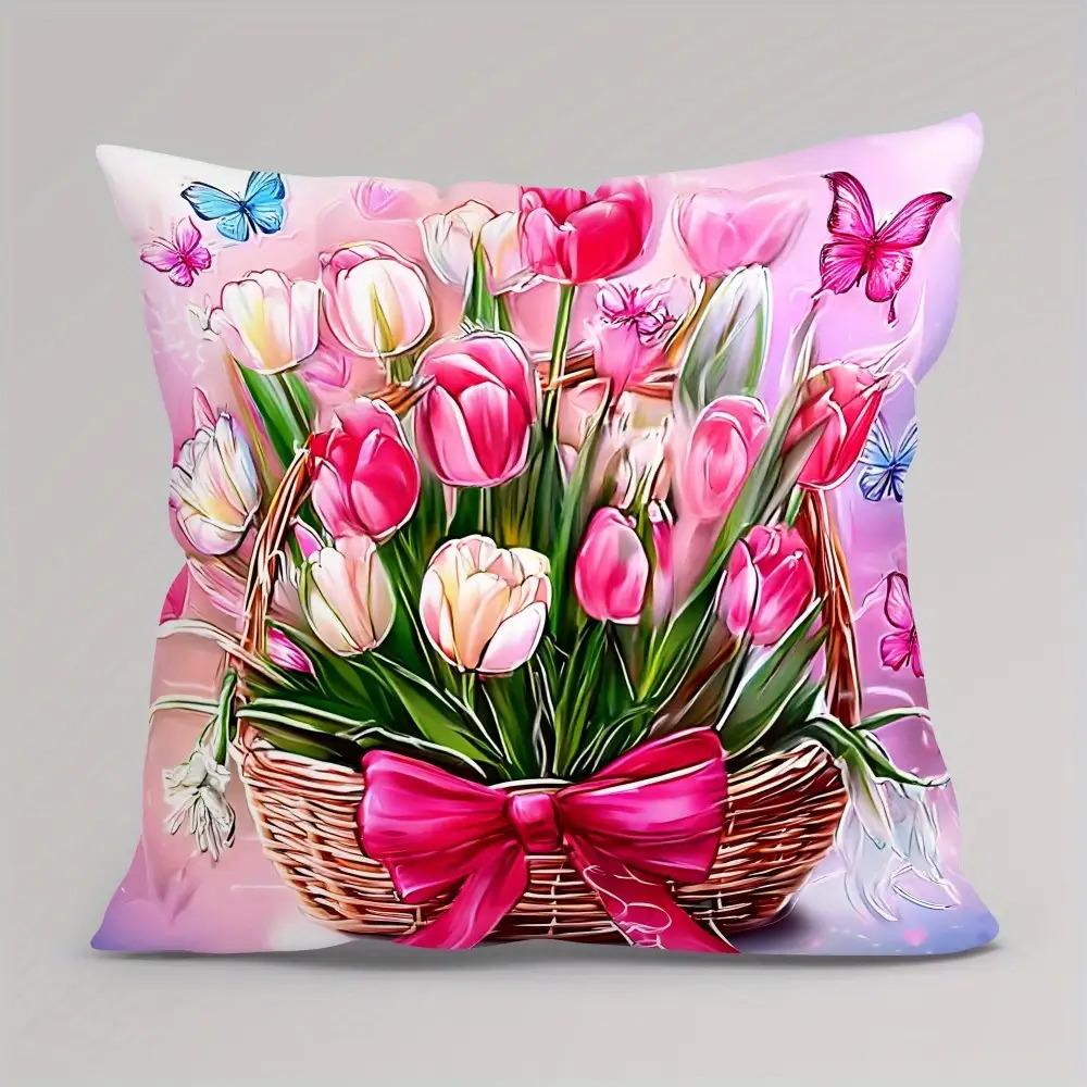 4Pcs Pink Flower Design Digital Printing Pillow Cover Short Plush Suitable Living Rooms Bedrooms Sofas Throw Cushion Cover