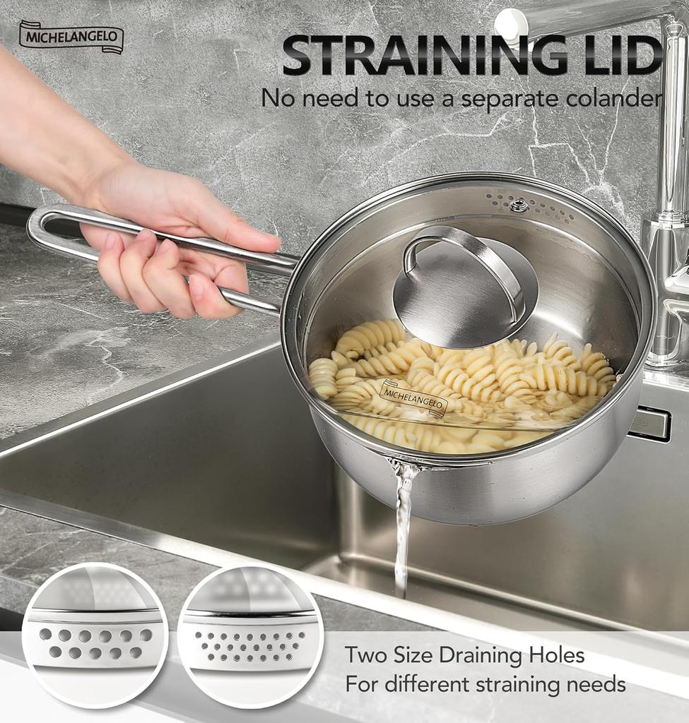 MICHELANGELO Stainless Steel Wire Handle Milk Pot/Cooking Pot 1Qt/2Qt/3Qt Three-layer Base Stainless Steel Pot Dishwasher-safe