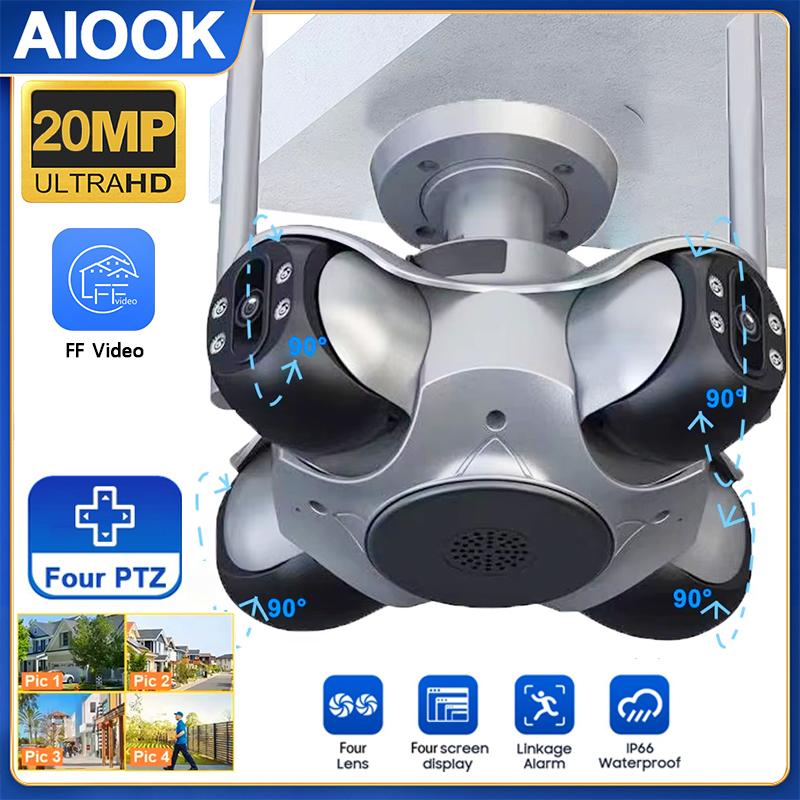 AIOOK Outdoor Security Camera HD 25MP WIFI IP Camera 5 Lens 5 Screen 5 PTZ Motion Tracking 2 Way Intercom Color Night Vision
