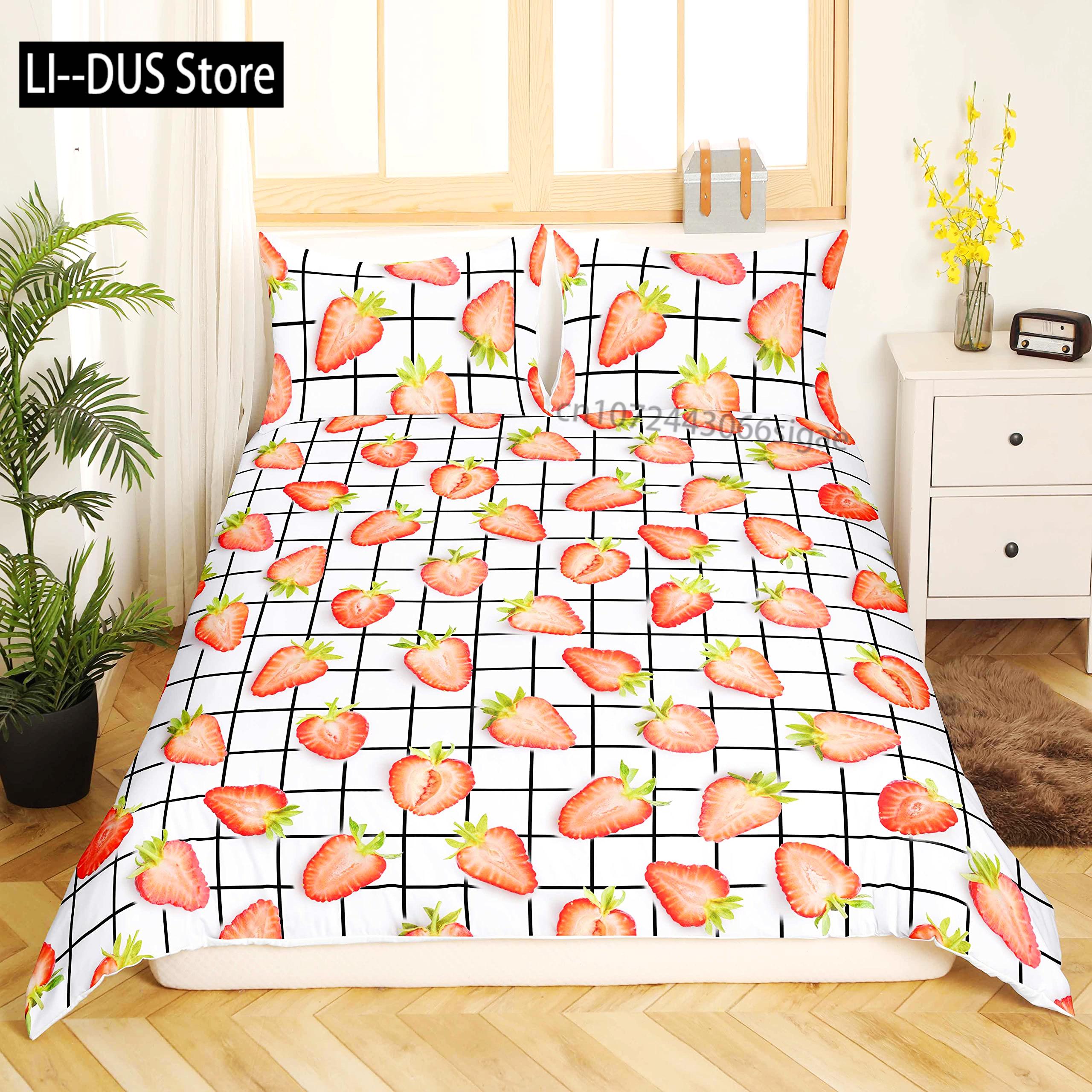 

Sweet Fruits Duvet Cover, Cherry Strawberry Bedding Set for Girls Kids, Pink Summer Comforter Cover with 2 Pillowcases 3 Pieces 135x200cm