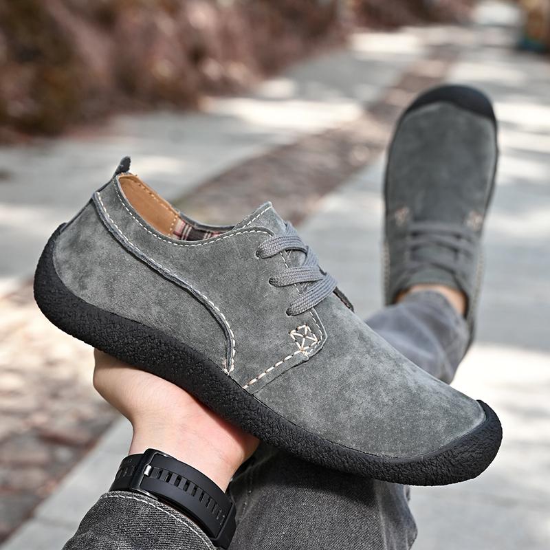Men Retro Suede Handmade Casual Walking Shoes Outdoor Grey Lacing Driving Shoes Over Sized