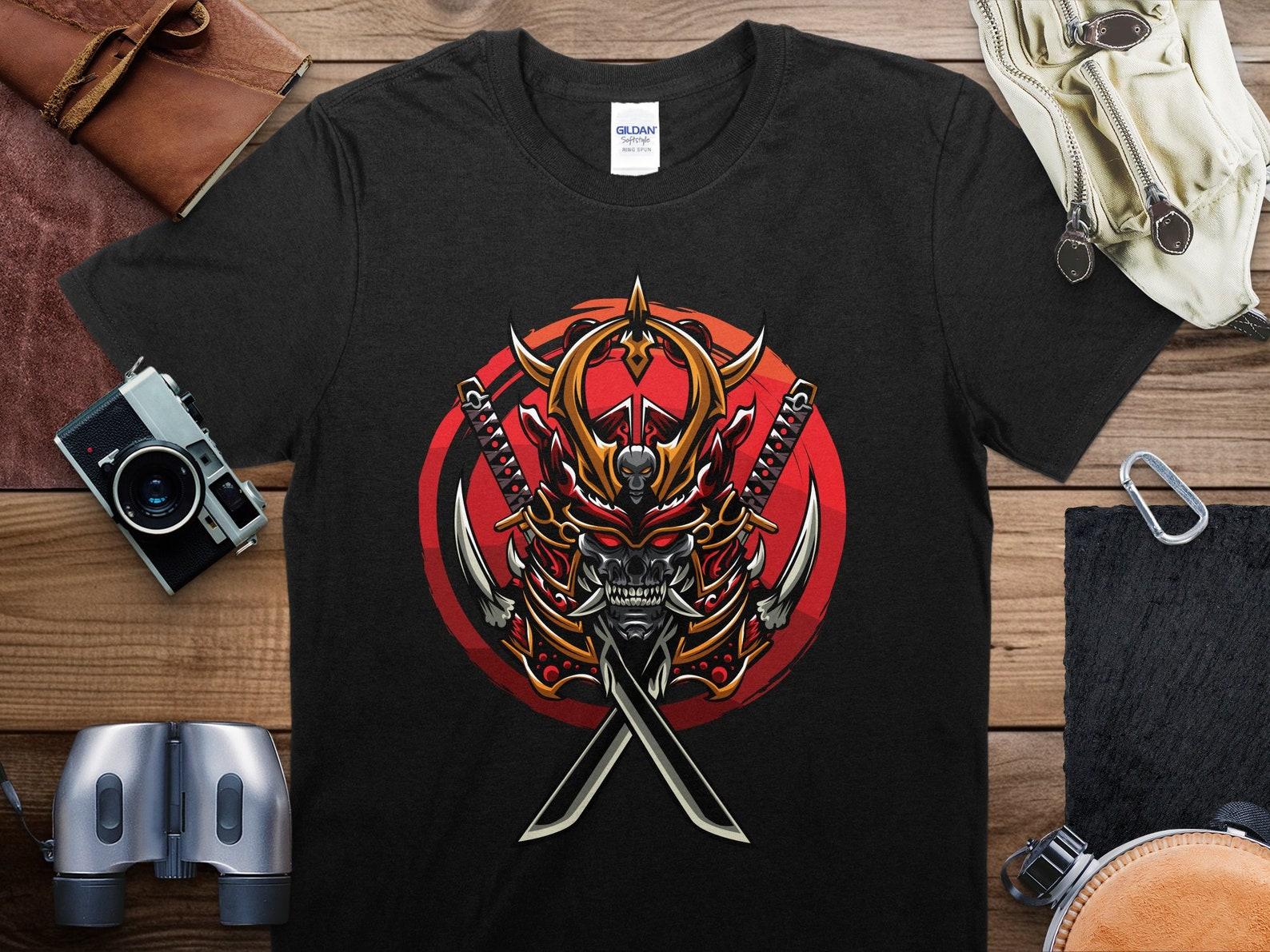 Samurai Warrior Graphic Tee, Bold Fire Samurai Helmet Print, Unisex T-Shirt for Casual Wear L