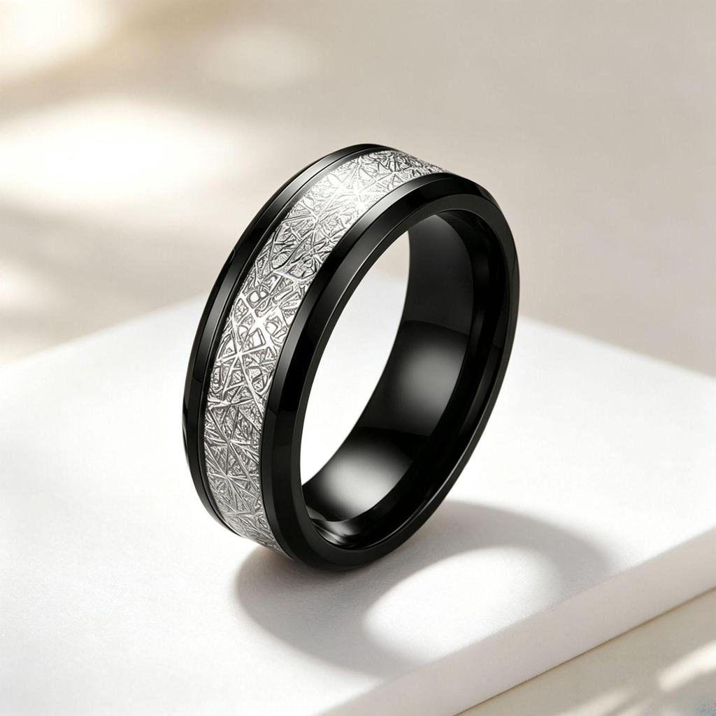 Rime Textured Titanium Steel Couple Ring with Inlaid Design