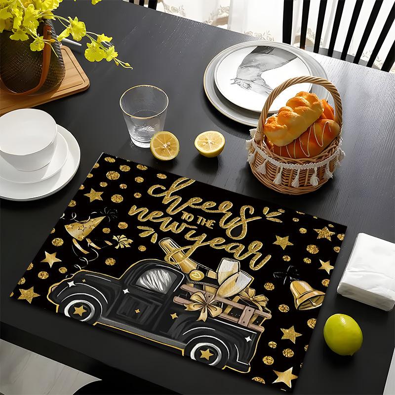 Frohes Neues Jahr Tischsets Baum Muster Tischsets Hitzebeständige Leinen Tischsets für Esszimmer- und Küchendekoration für Feiertagsmahlzeiten, Zusammenkünfte, Partytisch