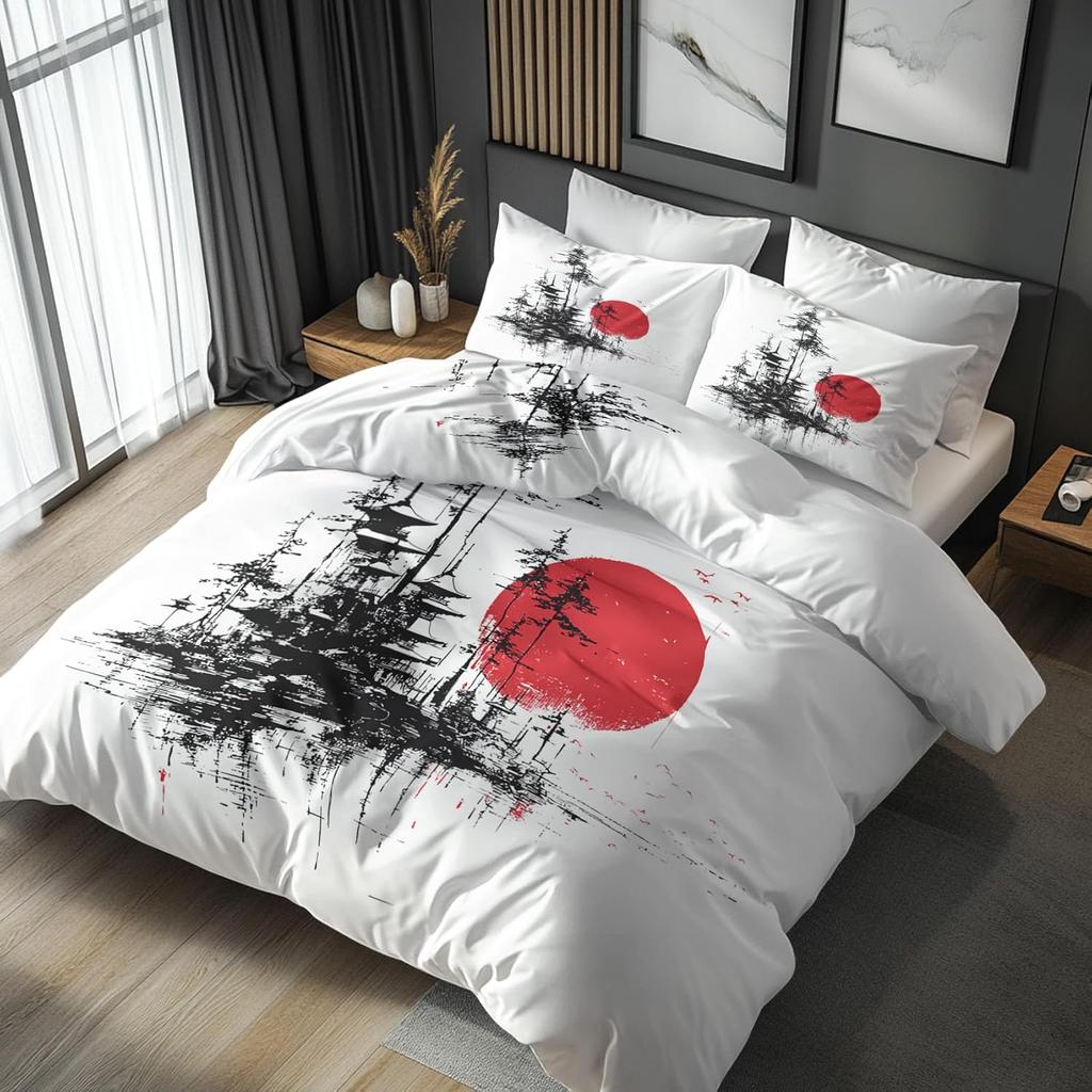 Cherry Blossom Duvet Cover Microfiber Bedding Set,Japanese Pattern Reversible Design Bedroom Decor Quilt Cover With Pillowcases