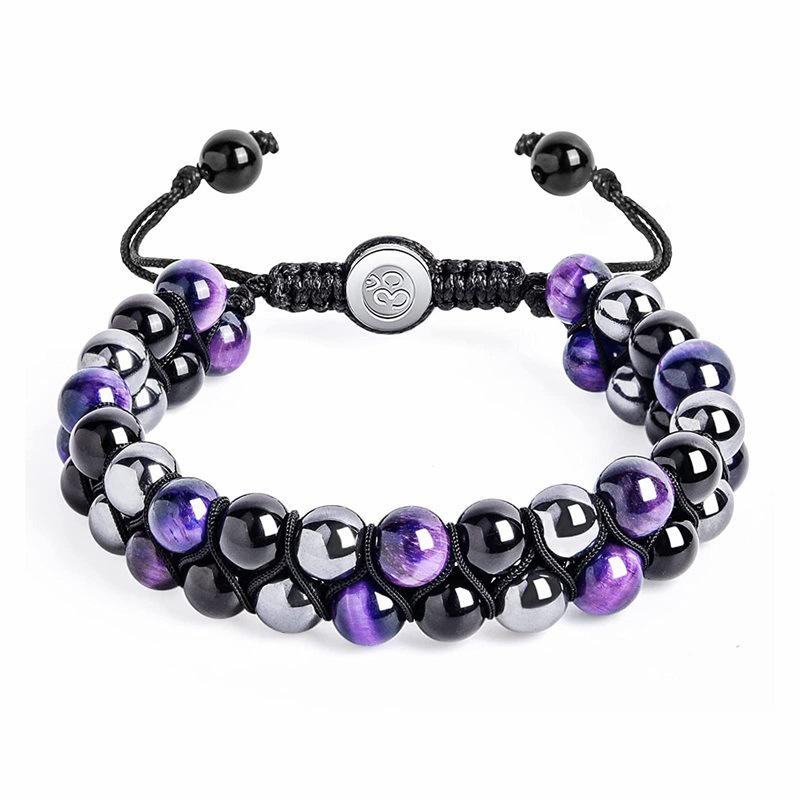 Men's Double-Layer Blue Tiger Eye & Black Agate Magnet Bracelet
