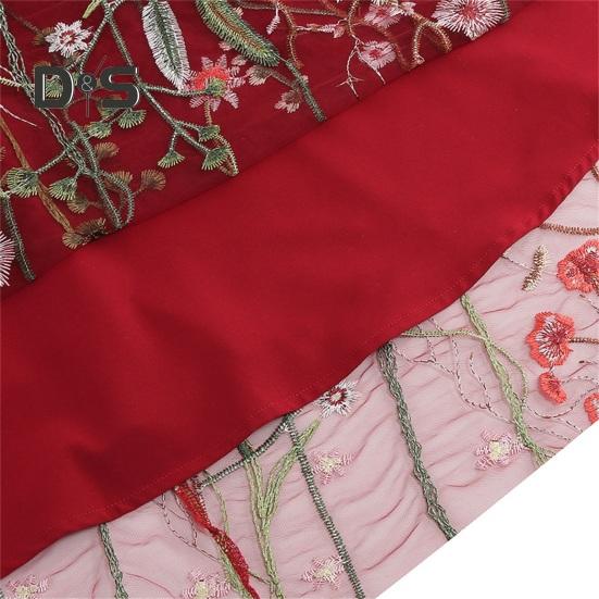 Women Evening Dress Double-layer Flower Embroidery Mesh A-line Big Swing Short Sleeves O Neck Back Zipper Closure Prom Party Midi Dress