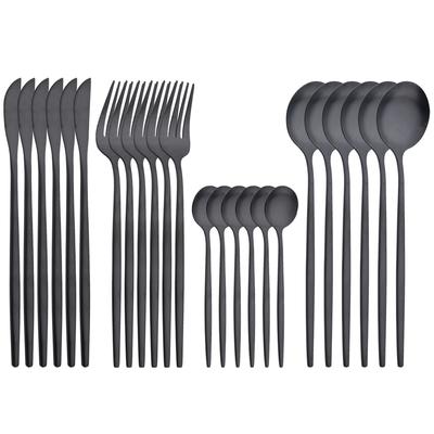 24Pcs Black Dinnerware Set Knives Forks Tea Spoon Cutlery Western Matte Stainless Steel Silverware Flatware Kitchen Tableware